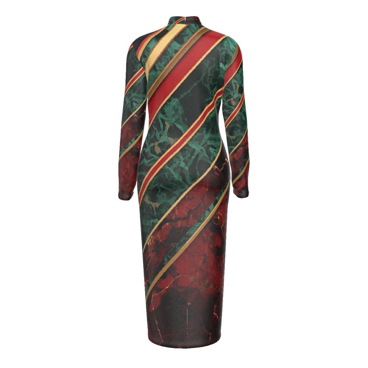 Striped Marble Stand Collar Long Sleeve Midi Dress