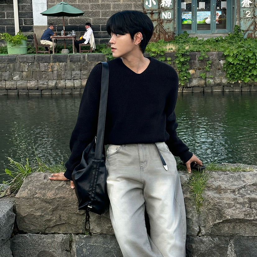 Ribbed Knit V-Neck Sweater