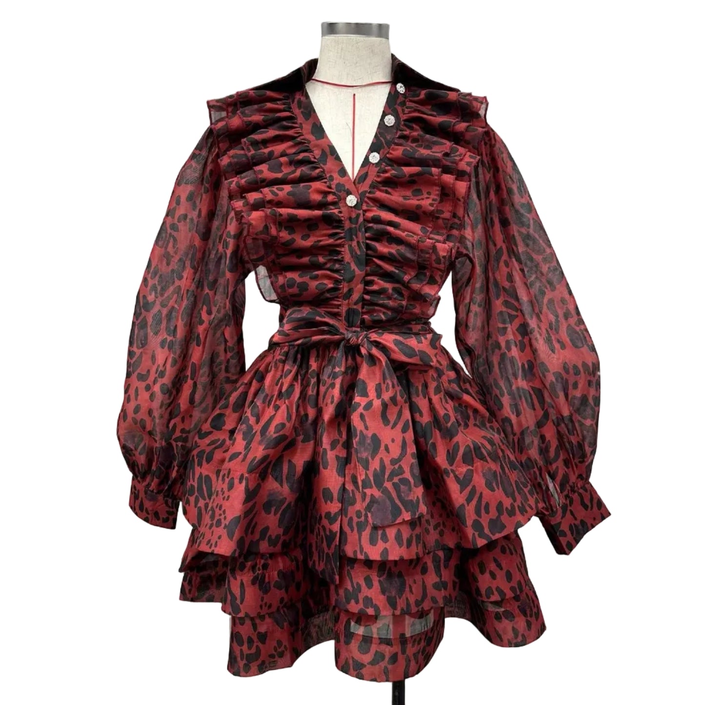 Mesh Leopard Print Ruffle Detail Puff Sleeve Button Front Swing Dress