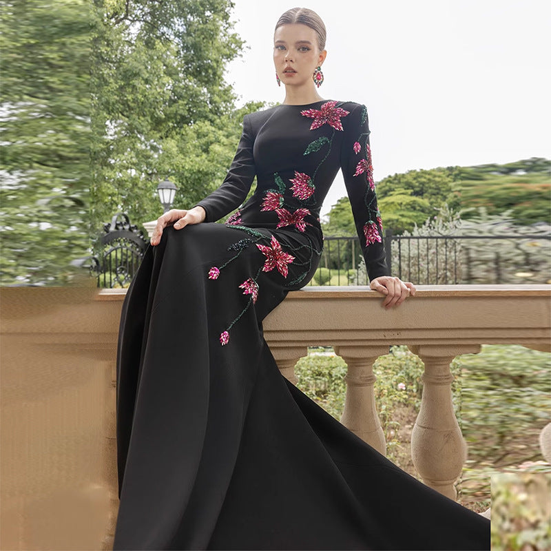 Flower Embellished Long Sleeve Mermaid Style Dress