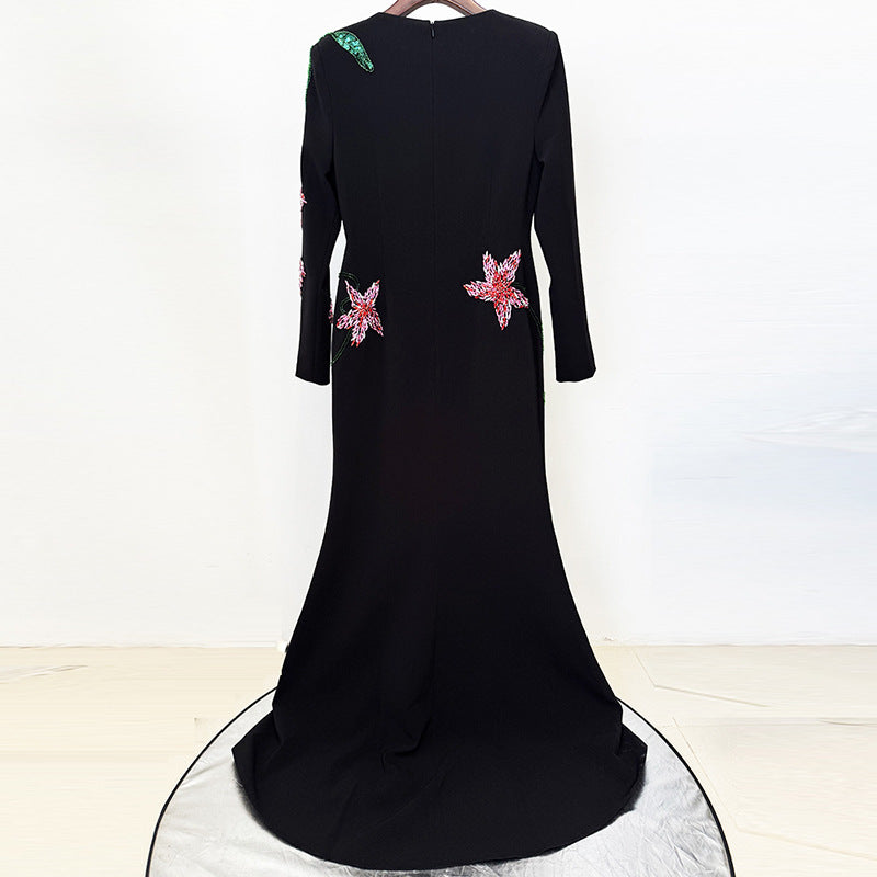 Flower Embellished Long Sleeve Mermaid Style Dress