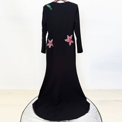 Flower Embellished Long Sleeve Mermaid Style Dress