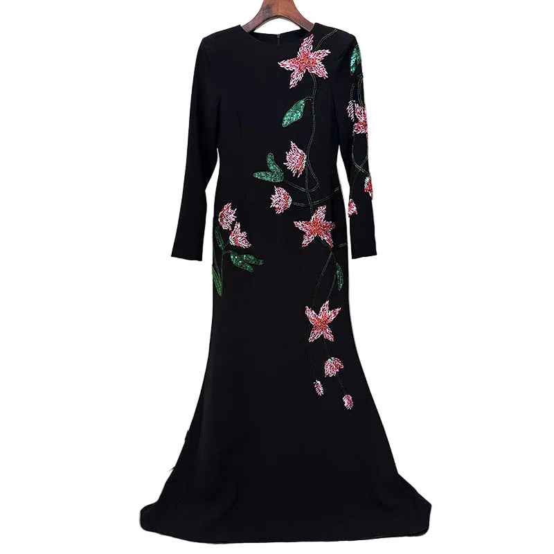Flower Embellished Long Sleeve Mermaid Style Dress