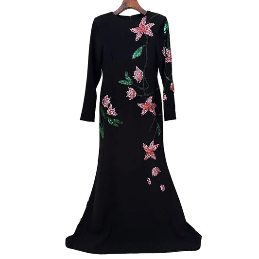 Flower Embellished Long Sleeve Mermaid Style Dress