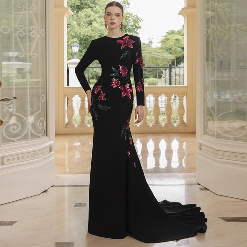 Flower Embellished Long Sleeve Mermaid Style Dress