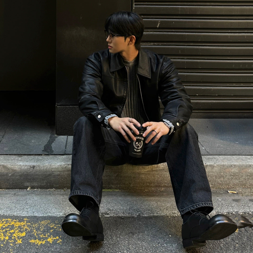 Faux Leather Lapel Collar Jacket