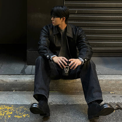 Faux Leather Lapel Collar Jacket