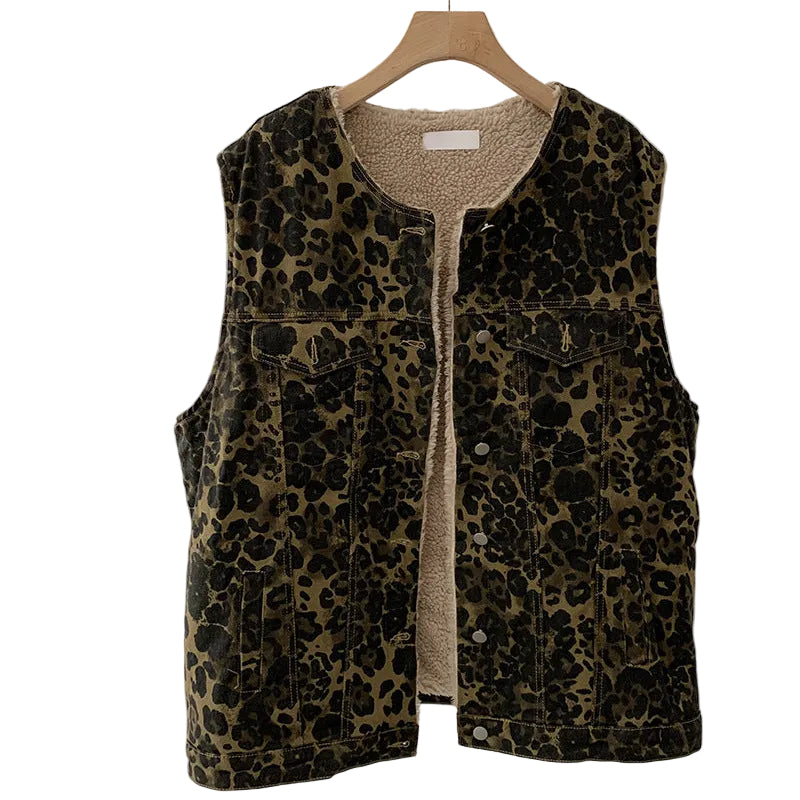 Leopard Print Sherpa Lined Denim Vest