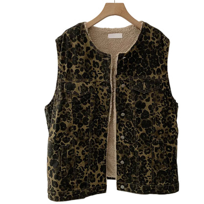 Leopard Print Sherpa Lined Denim Vest