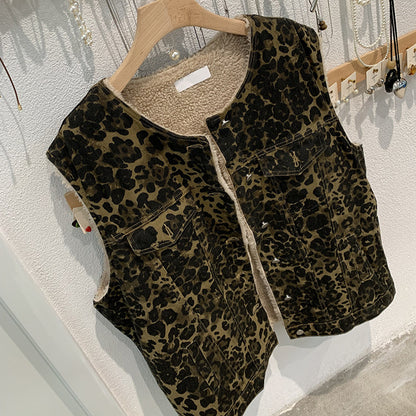 Leopard Print Sherpa Lined Denim Vest