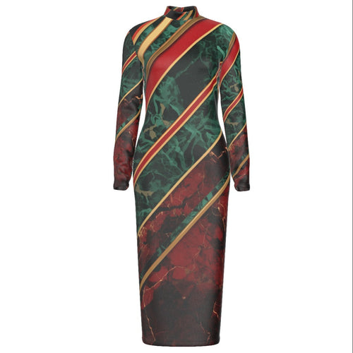 Striped Marble Stand Collar Long Sleeve Midi Dress