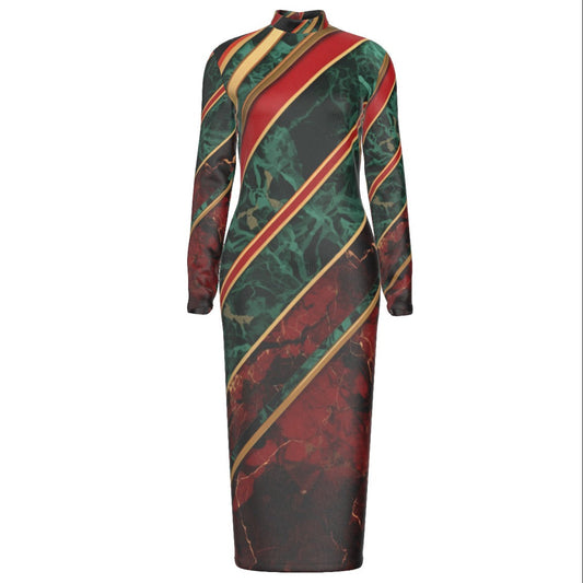 Striped Marble Stand Collar Long Sleeve Midi Dress