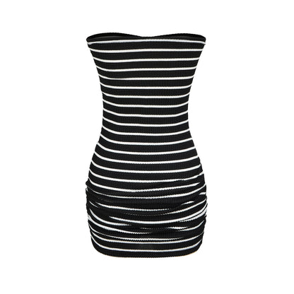 Buckle Bow Detail Striped Tube Dress