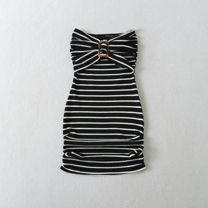Buckle Bow Detail Striped Tube Dress