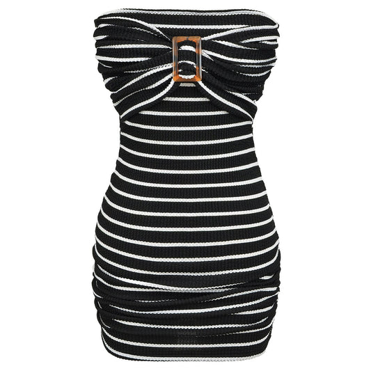 Buckle Bow Detail Striped Tube Dress