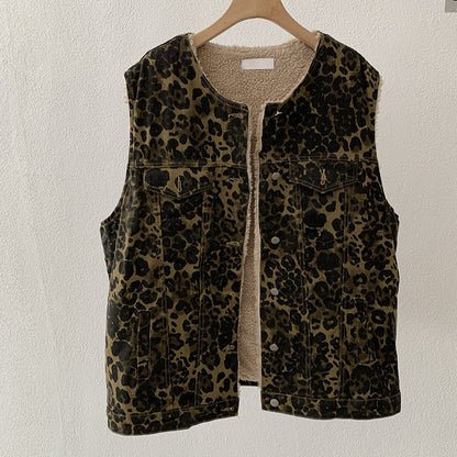 Leopard Print Sherpa Lined Denim Vest
