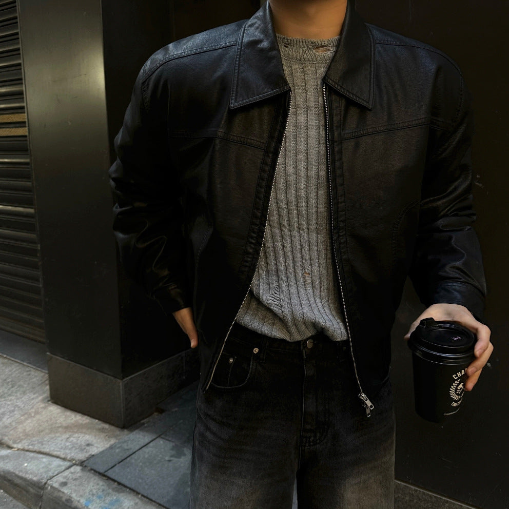 Faux Leather Lapel Collar Jacket