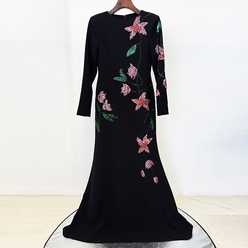 Flower Embellished Long Sleeve Mermaid Style Dress