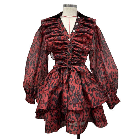 Mesh Leopard Print Ruffle Detail Puff Sleeve Button Front Swing Dress