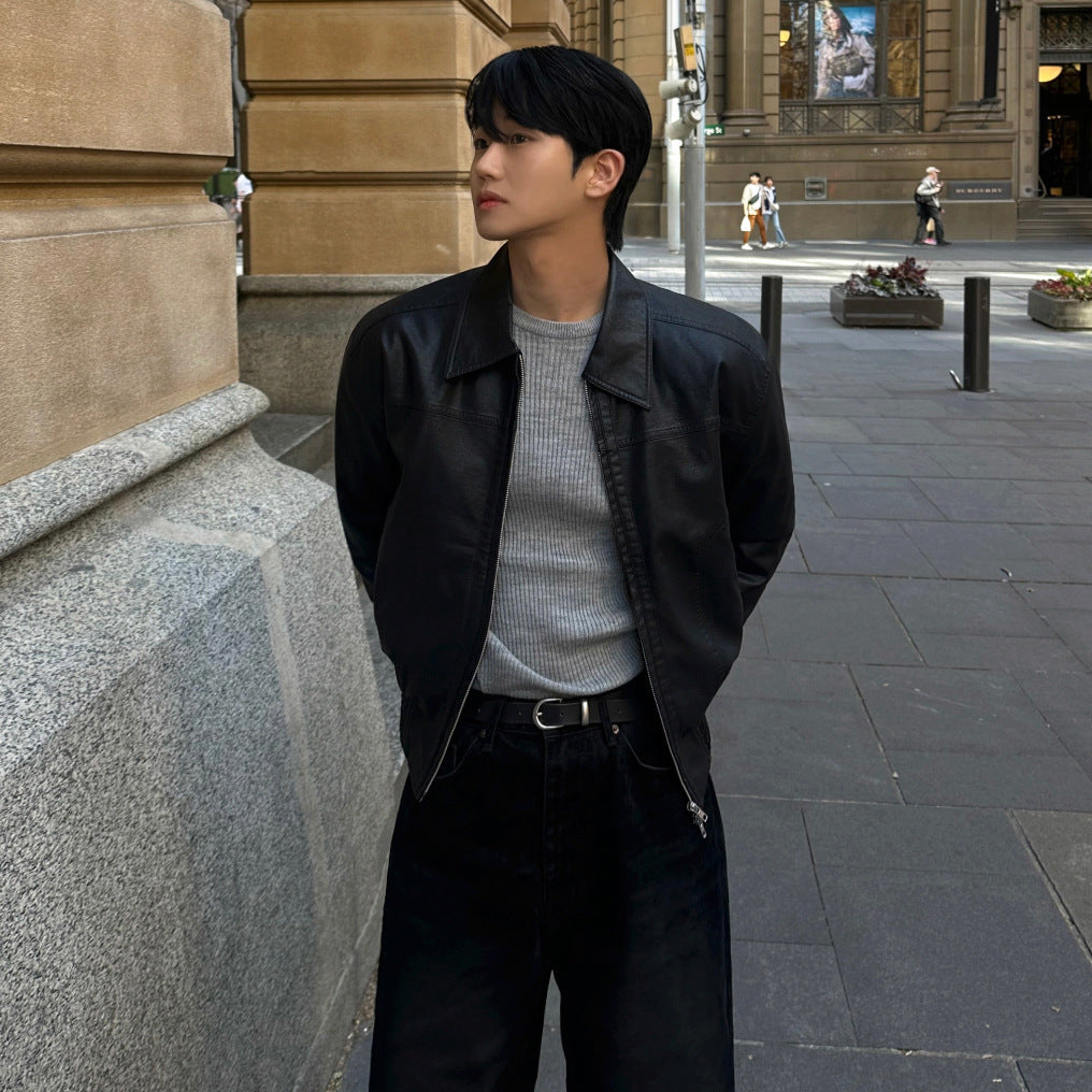 Faux Leather Lapel Collar Jacket