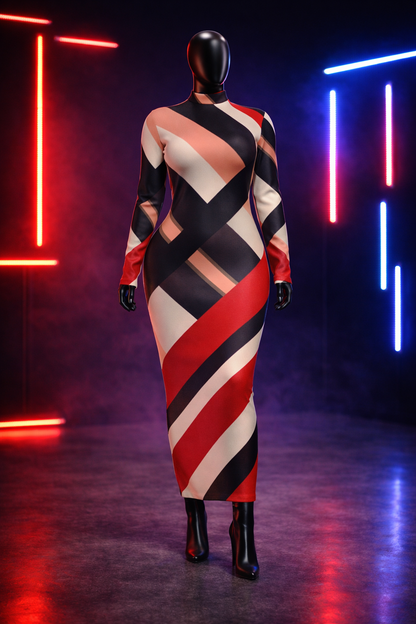 STR3 Stand Collar Long Sleeve Midi Dress