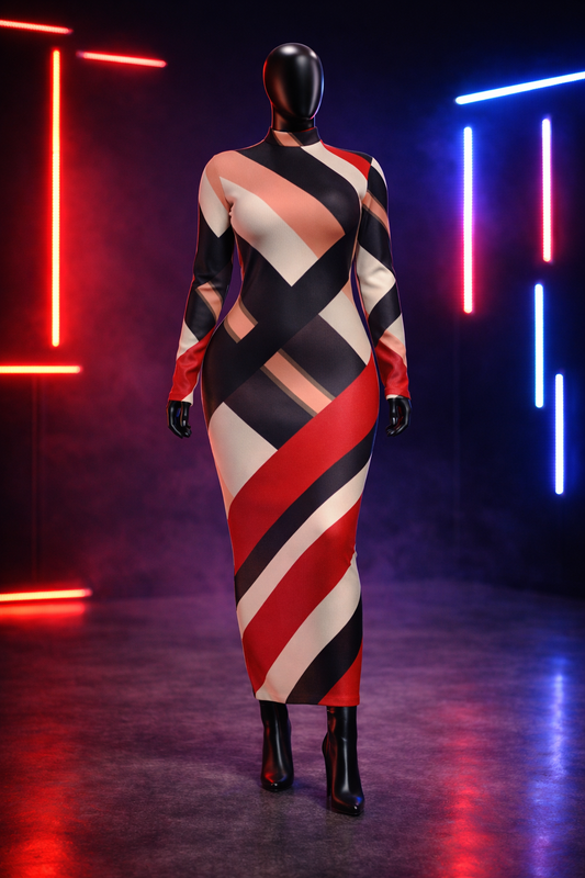 STR3 Stand Collar Long Sleeve Midi Dress