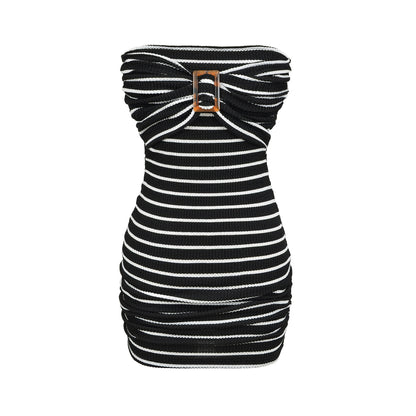 Buckle Bow Detail Striped Tube Dress