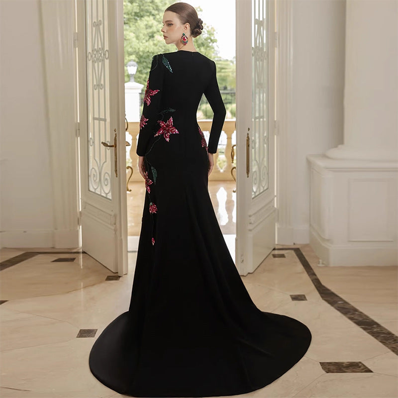 Flower Embellished Long Sleeve Mermaid Style Dress