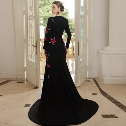 Flower Embellished Long Sleeve Mermaid Style Dress