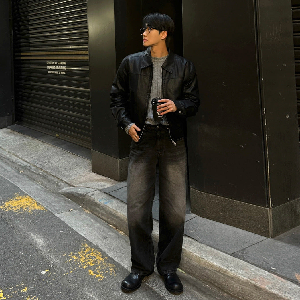 Faux Leather Lapel Collar Jacket