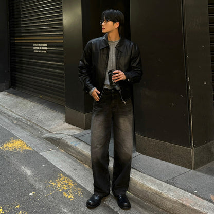 Faux Leather Lapel Collar Jacket